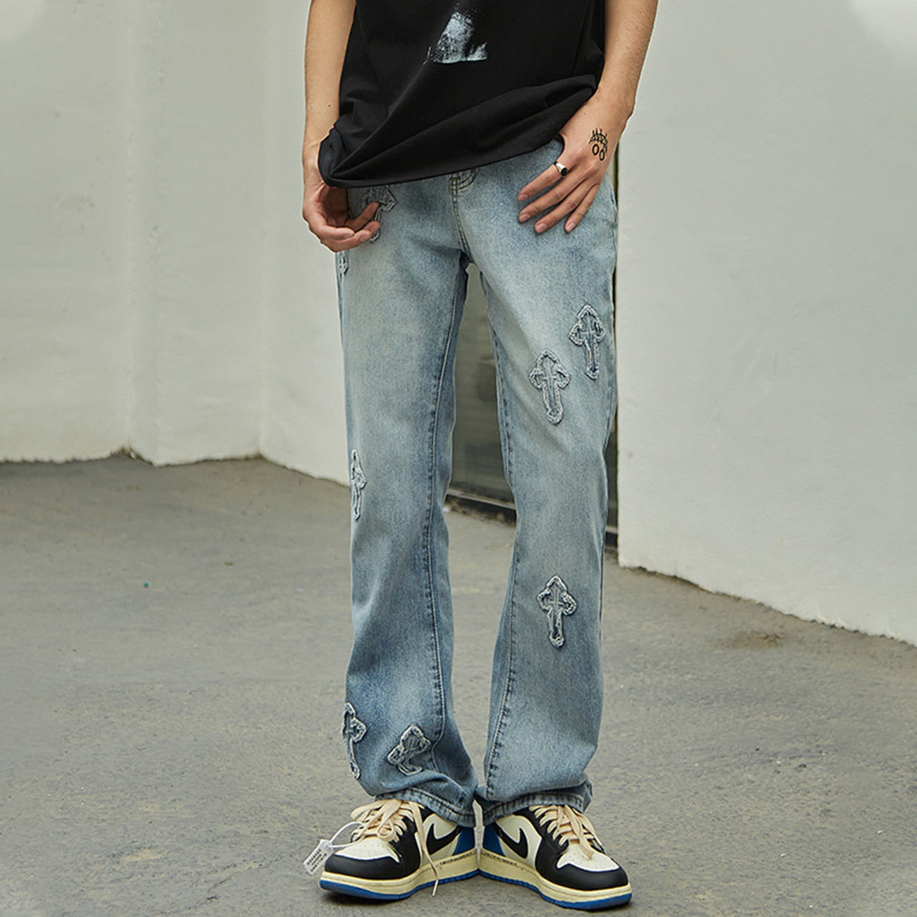sanyamk Cross Patch Jeans Men Hip Hop Streetwear Fashion Vintage Pants High Street Pants White Baggy Denim Light Color Jeans