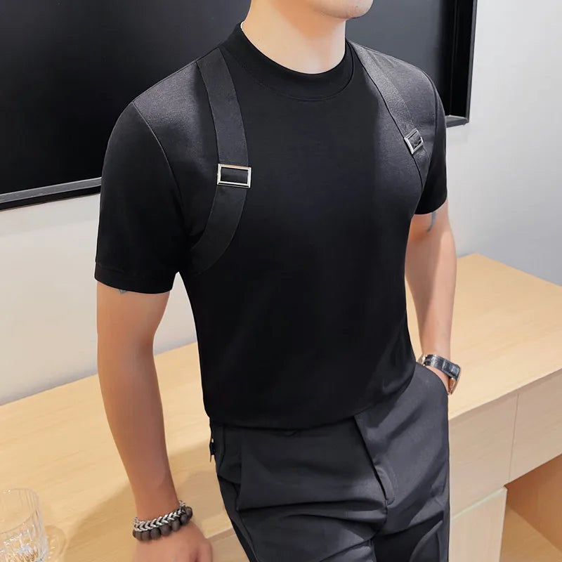 sanyamk - Chic Men's Straps T-shirts Short Sleeve Tee Black White Cotton Stretch Casual Slim FIt Clothing Fashion Summer Tops Man