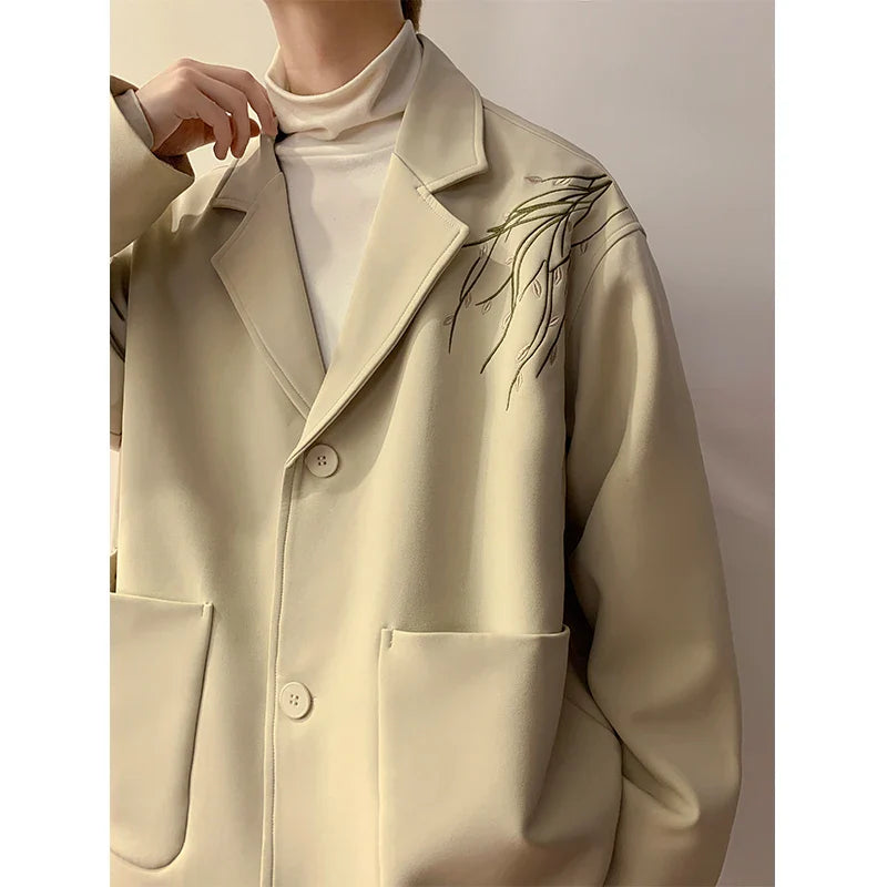 sanyamk Casual Blazers Men Orchid Embroidery Solid Color Single Breasted Suit Jackets Japan Style Notched Collar Popular Interview Suits
