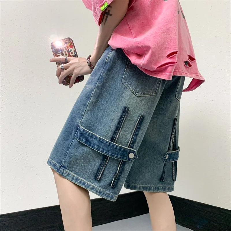 sanyamk Men Patchwork Oversized Jeans Shorts Streetwear Harajuku Denim Shorts New Hip Hop Vintage Blue Summer Casual Loose Shorts