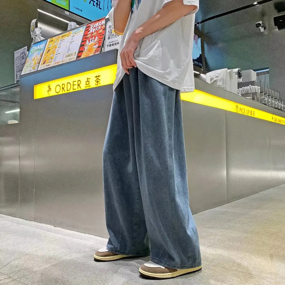 sanyamk Men's Pure Color Cargo Jeans Simple All-match Wide Leg Pants Trousers Men Hip Hop Streetwear Oversized 90s Vintage Fashion Denim