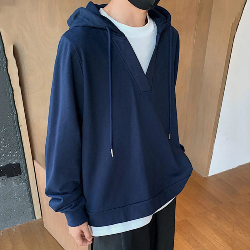 sanyamk - American Style Men's Hoodies Fake Two-piece Hooded Drawstring Loose Solid Color Casual Pullover Male Sweatshirts New 9C7274