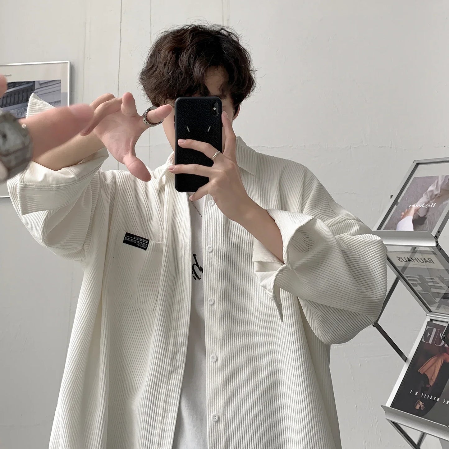 sanyamk - Mens Corduroy Shirts Streetwear Harajuku Japanese Style Oversize Unisex Blouses