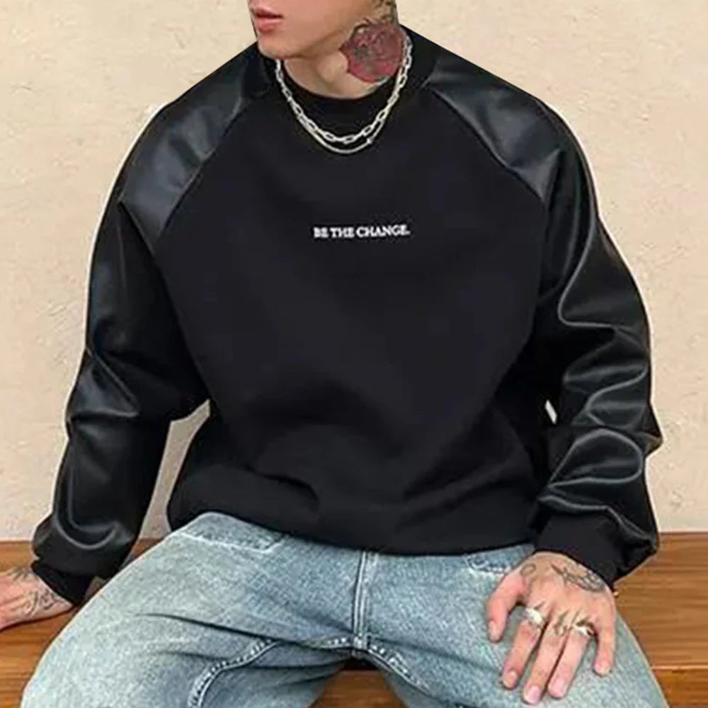 sanyamk Mens Y2k Contrast Pu Leather Raglan Sleeves Sweatshirt Autumn And Winter Genderless Casual Loose Splicing Sweatshirt Unisex