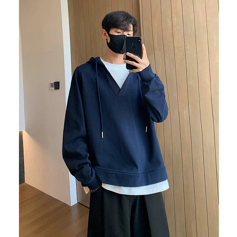 sanyamk - American Style Men's Hoodies Fake Two-piece Hooded Drawstring Loose Solid Color Casual Pullover Male Sweatshirts New 9C7274