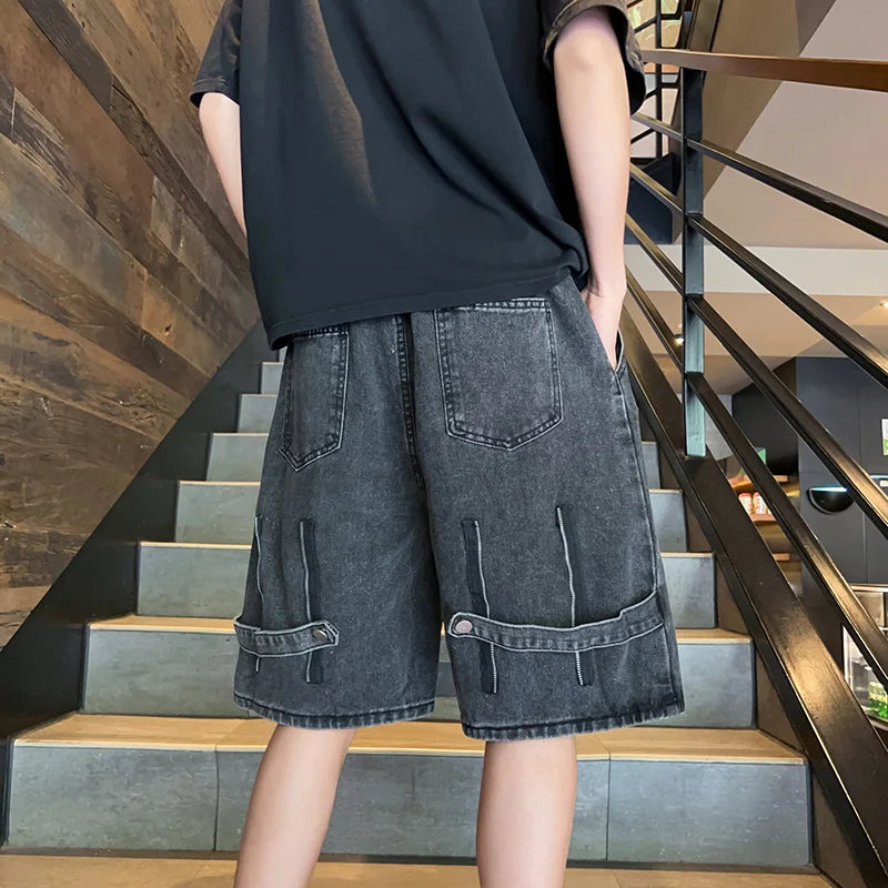 sanyamk Zipper Patchwork Jeans Shorts Men Harajuku Streetwear Denim Shorts Hip Hop Summer Casual Loose Straight Shorts Clay Yellow