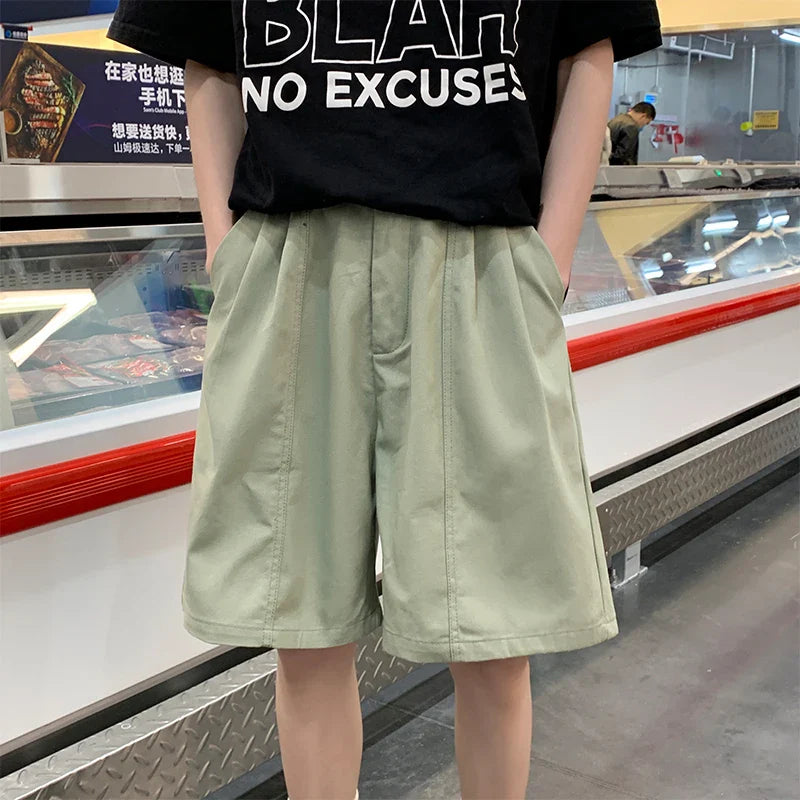 sanyamk - Summer Wide Leg Shorts Men Thin Boardshorts Men's High Street Knee Length Pants Casual Shorts Male Black/Blue/Green 5Colors