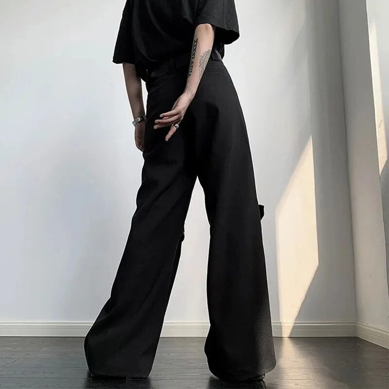 sanyamk Trend Suit Trouser Fashion Men's Clothing Strap Design Casual Pants Micro Wide Leg Dark High Street Baggy Streetwear 9C1506