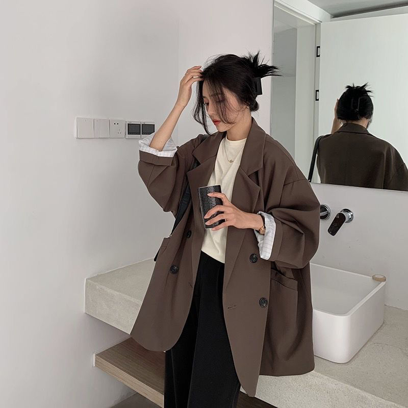 sanyamk New 2022 Vintage Loose Women Solid Blazer Autumn Chic Double Breasted Female Long Sleeve Suit Jackets Stylish Ladies Blazer