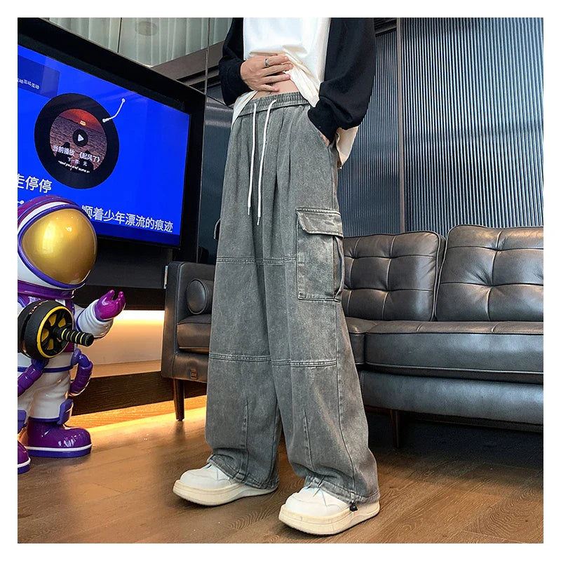BONSIR - Multi-Pocket Washed Cargo Pants Men Women Y2K Vintage Streetwear Loose Oversized Straight Wide-Leg Jeans Dark Green/Purple
