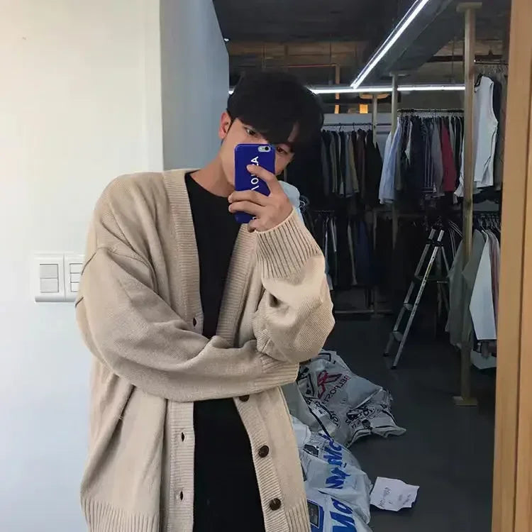 sanyamk Knit Sweater Male Coat Cardigan Men's Clothing White V Neck Plain Solid Color Jacket Korean Style Casual New in Maletry Classic