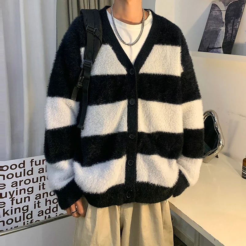 Bonsir Male Cardigans Vintage Retro Sweater Men's Knitted Contrast Color Sweater Winter Warm Casual Korean Streetwear Harajuku F140