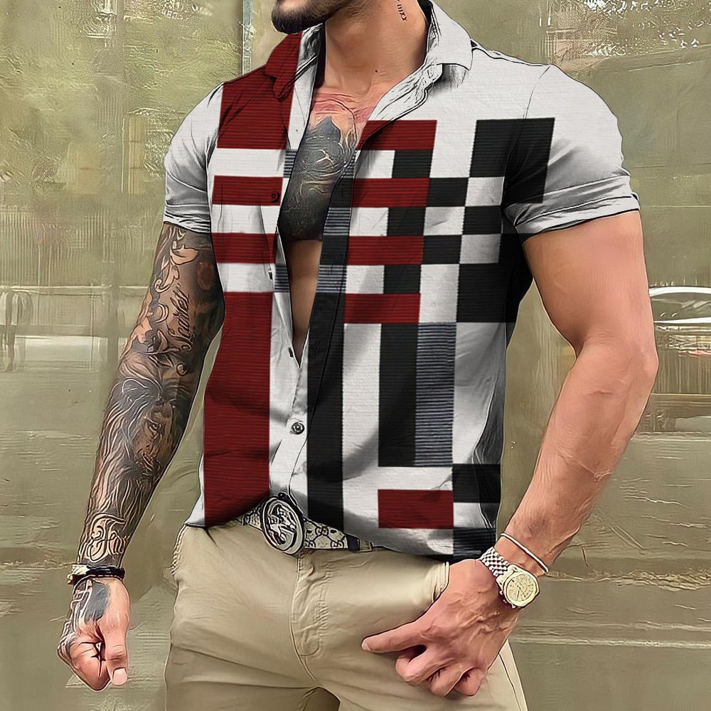 Bonsir Vintage For Men Shirts Patchwork 3d Print Camisas Lapel Oversized Short Sleeve Tops Streetwear Summer Male Hawaiian Shirt Tees