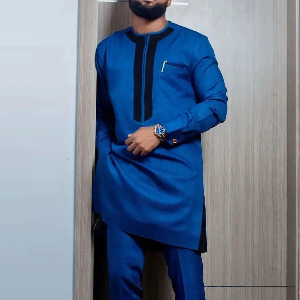 sanyamk - Kaftan Summer Men's Suits Short Sleeve Solid Top Pants Wedding African Ethnic Casual Wear Dashiki 2PCS Suit Fashion Men's Sets