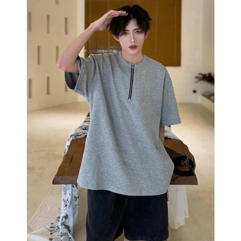 sanyamk - Summer Men's Oversized T-shirt Short Sleeve Tee Half Zipper Placket Solid Cotton Casual t-shirts for men Clean Fit Boy Clothing