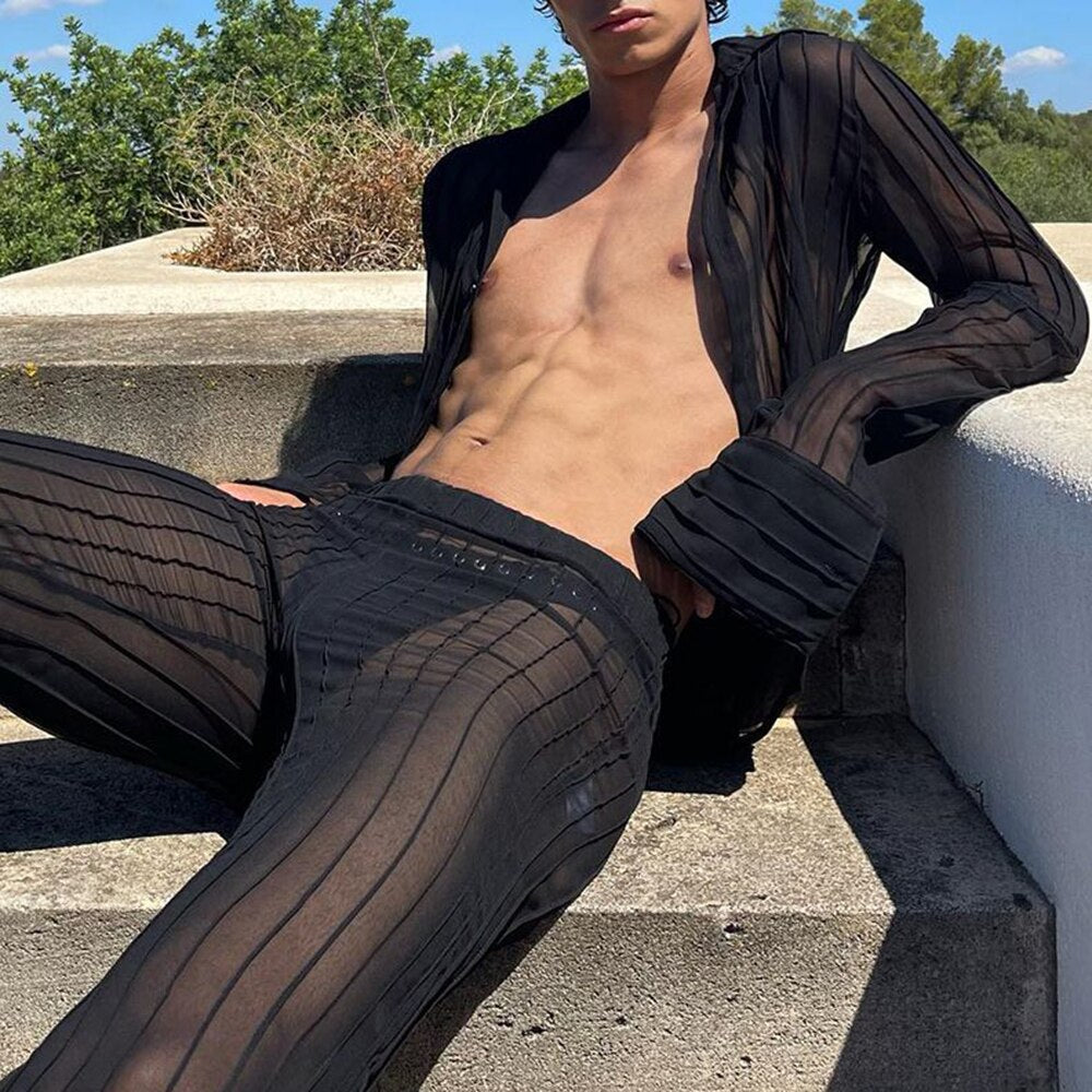 sanyamk Casual Sexy See-through Cardigan Men's Straight Trousers Trousers MenS Fashion Suit Autumn New Two-piece Set
