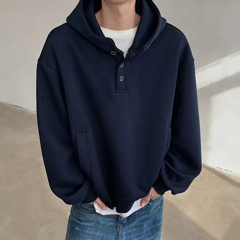 sanyamk - American Style Men's Sweatshirts Casual Button Design Hooded Solid Color Tops Loose Pullover Male Hoodies Autumn 9C8557