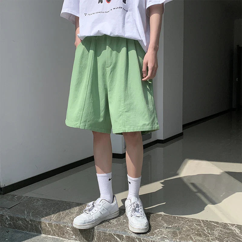 sanyamk - Summer Wide Leg Shorts Men Thin Boardshorts Men's High Street Knee Length Pants Casual Shorts Male Black/Blue/Green 5Colors