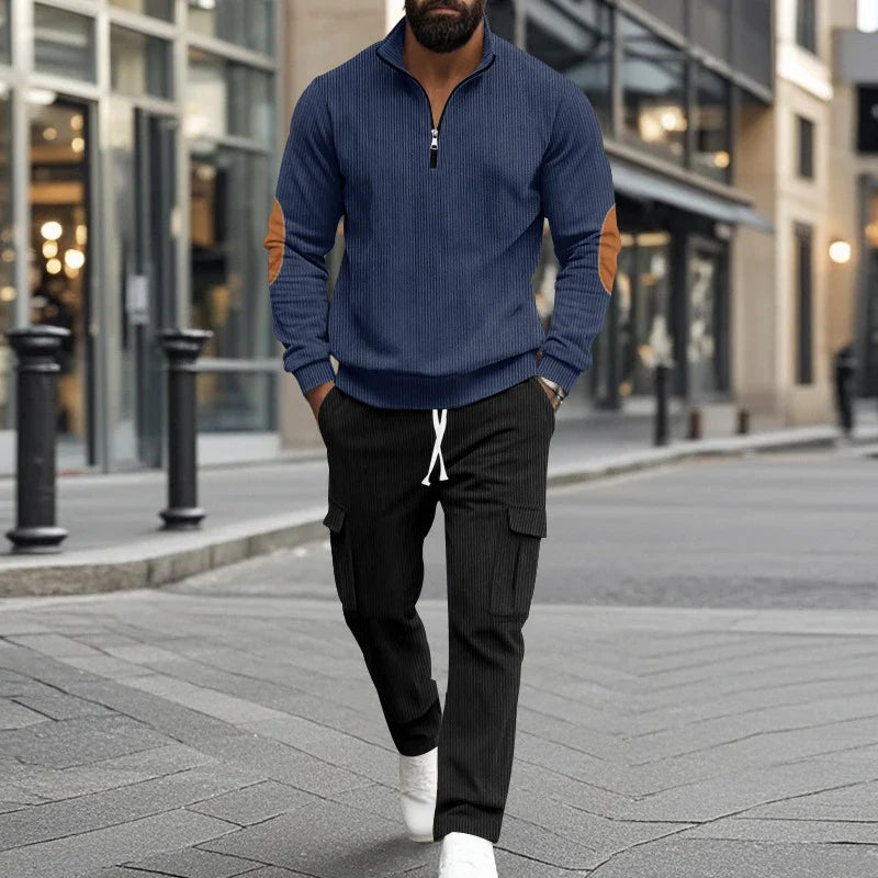 sanyamk - Vintage Patchwork Corduroy Outfits Mens Long Sleeve Stand Collar Sweatshirts And Pants Two Piece Sets Men Clothing Casual Suits