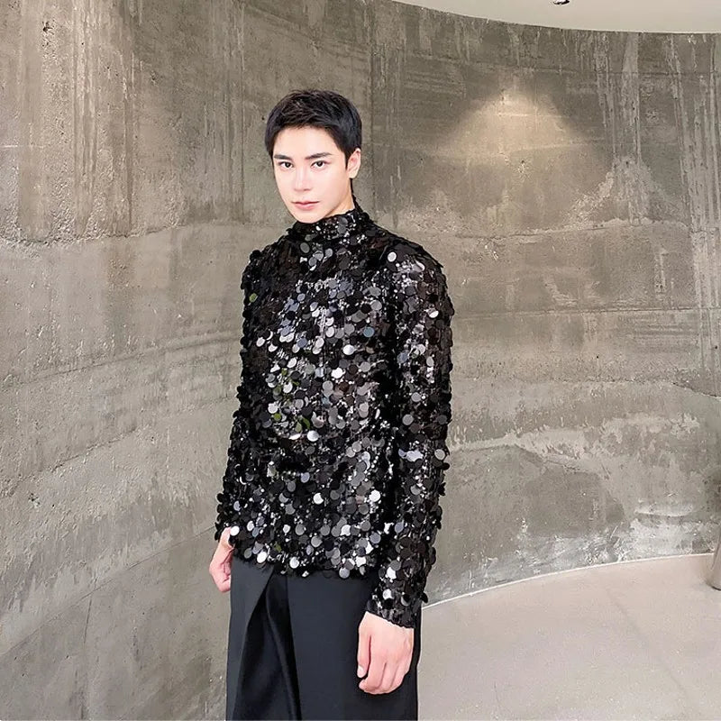 sanyamk - New Men's Spangly T-shirts Sequins Glitter Stand Collar Long Sleeve Skinny Tops Tees Stylish Party Clothing