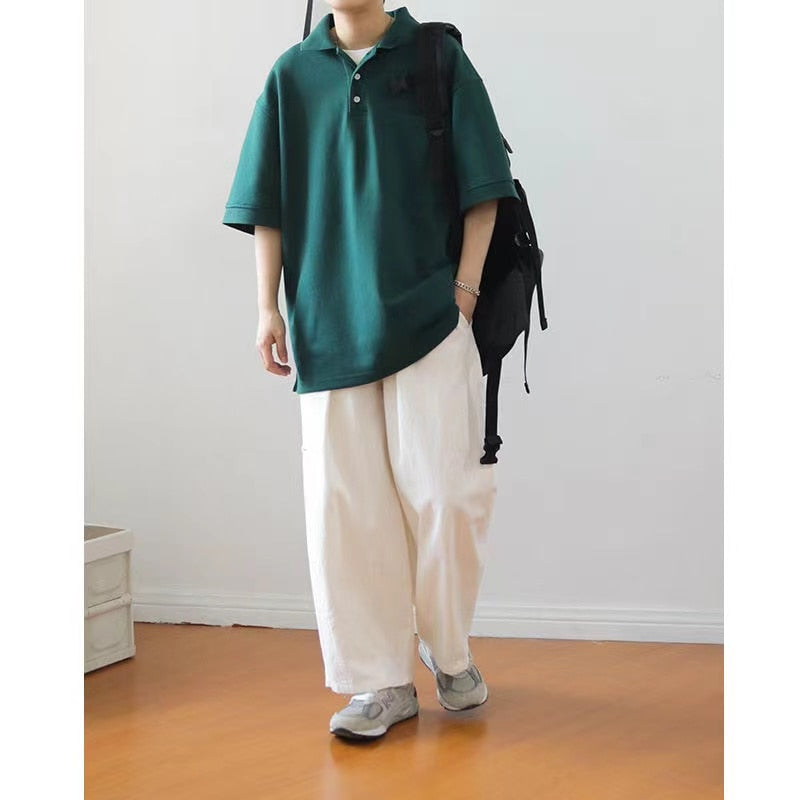 Bonsir Summer Men's Japanese Style Vintage Solid Color T-shirts Loose Casual Lapel Collar Short Sleeve Tshirt High-quality T Shirt