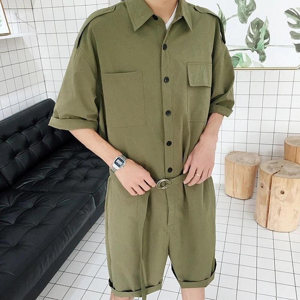 sanyamk Fashion Men Playsuit Overalls Punk Hip Hop Korean Version Pocket Pant Loose Short Sleeve Rompers Youth Cargo Jumpsuit Streetwear