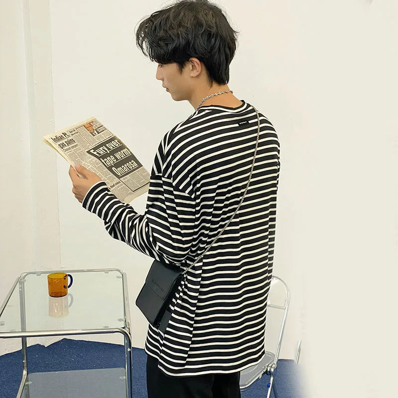 Bonsir - Crew Autumn Neck Stripe Long Sleeve Men's T-shirt New Loose Tide Bottomed Tops Couple Pullover Cloth Black White Y2252