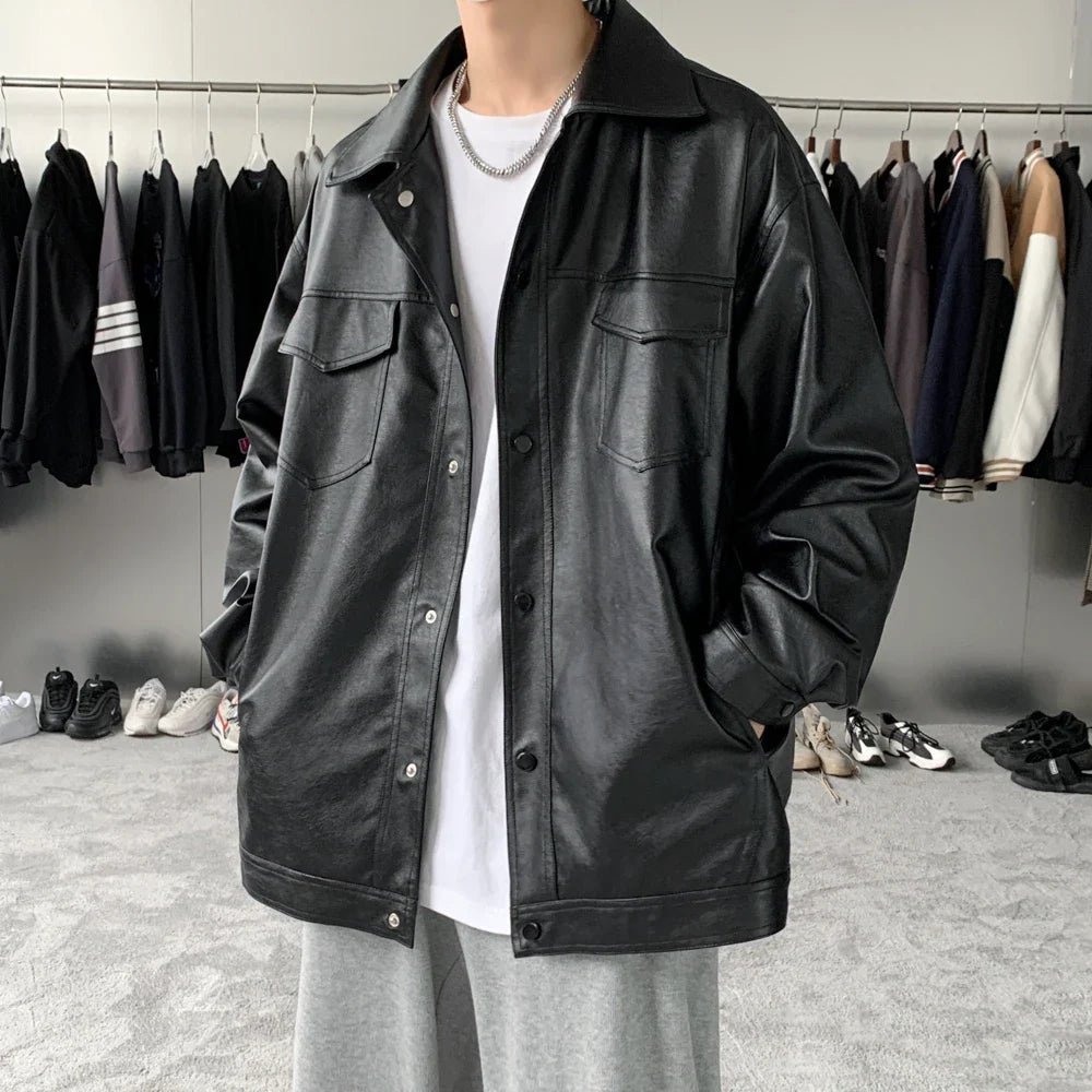 BONSIR - Autumn Winter PU Jackets Men Solid Color Leather Coat Casual Motorcycle Biker PU Jacket Classic Black Male Clothes Plus Size 5XL