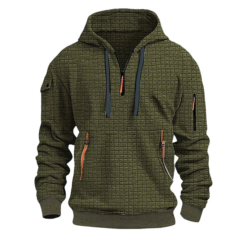 sanyamk - New Casual Mens Waffle Plaid Hoodies Spring Fall Fashion Patchwork Pockets Zipper Hooded Sweatshirts For Men Sports Hoodie Tops