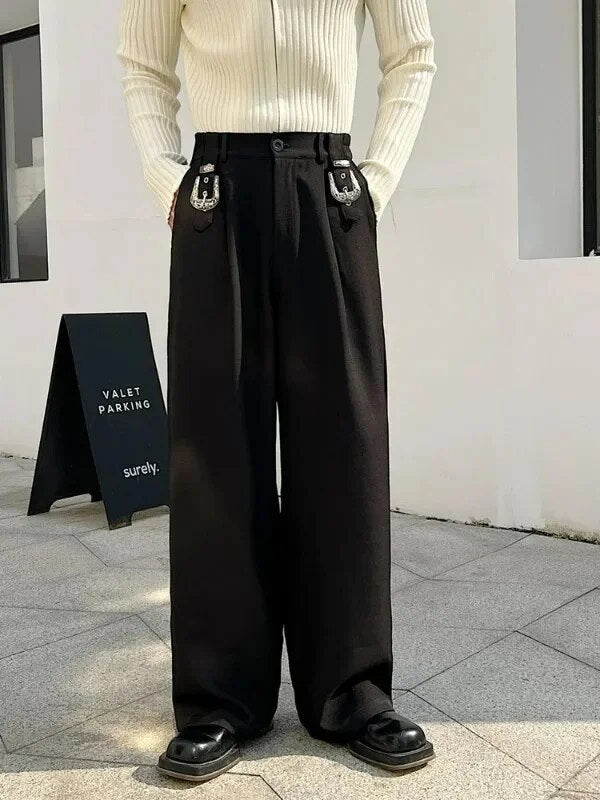 sanyamk Men Metal Button Loose Casual Wide Leg Suit Pants Net Celebrity Male Straight Fashion Vintage Floor Trouser Stage Clothing