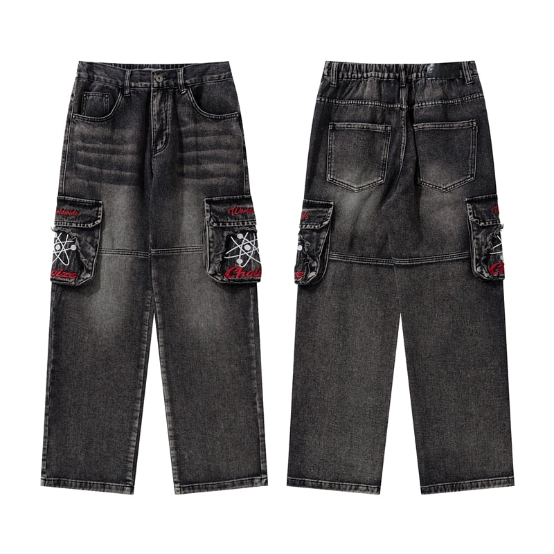 sanyamk Distressed Embroidery Pockets Elastic Waist Retro Jeans Pants Men and Women Straight Washed Casual Baggy Denim Trousers