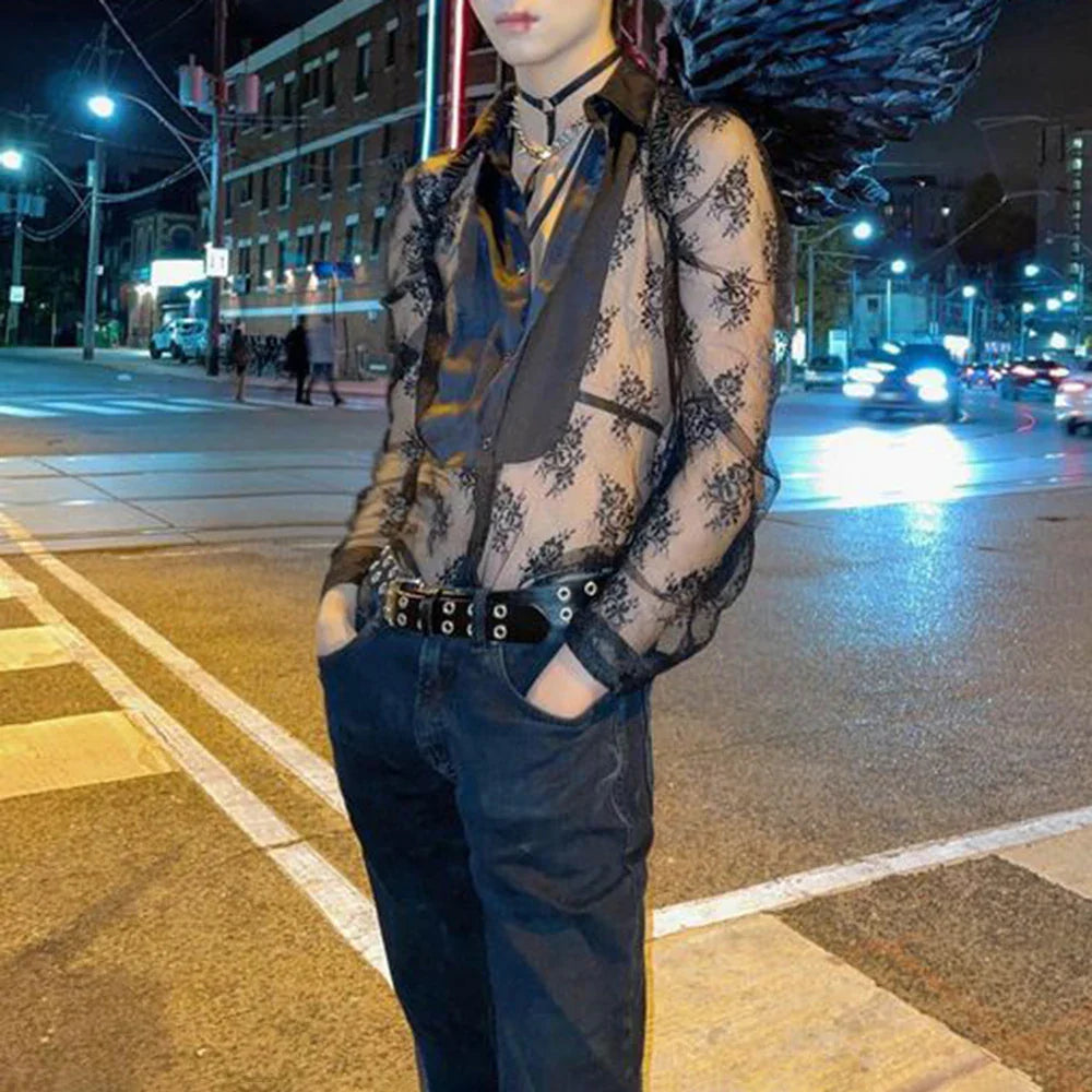 Bonsir Autumn Men's Sexy Lace See-through Nightclub Party Short Sleeve Shirt Retro Vampire Loose Top LGBT Shirt