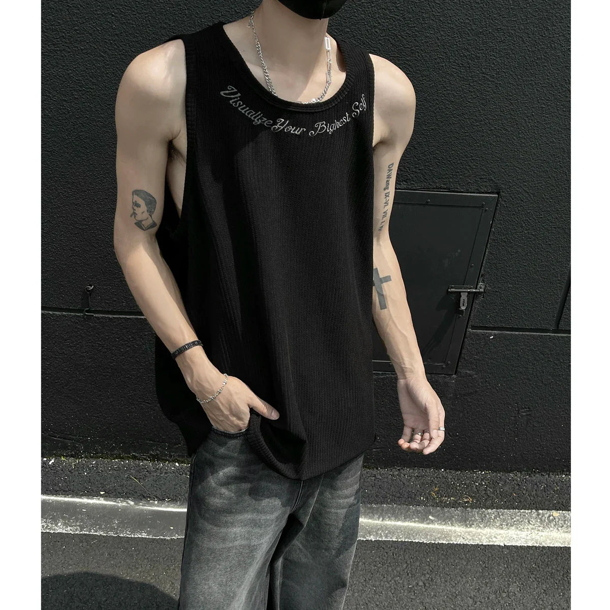 sanyamk - Summer Men's Letter Embroidery Tank Top Black White Oversized Sleeveless T-shirts for men