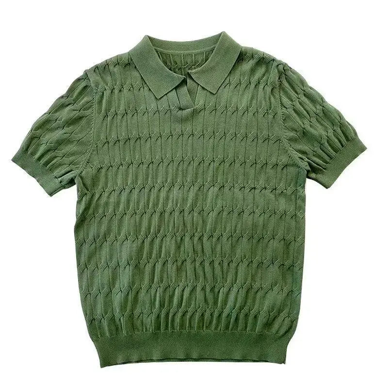 sanyamk - High-end Korean Knitted Polo Shirt Men Short Sleeve Trendy T-shirts for Men Summer Japanese Slim Fit Lapel Golf Wear 2024 Top