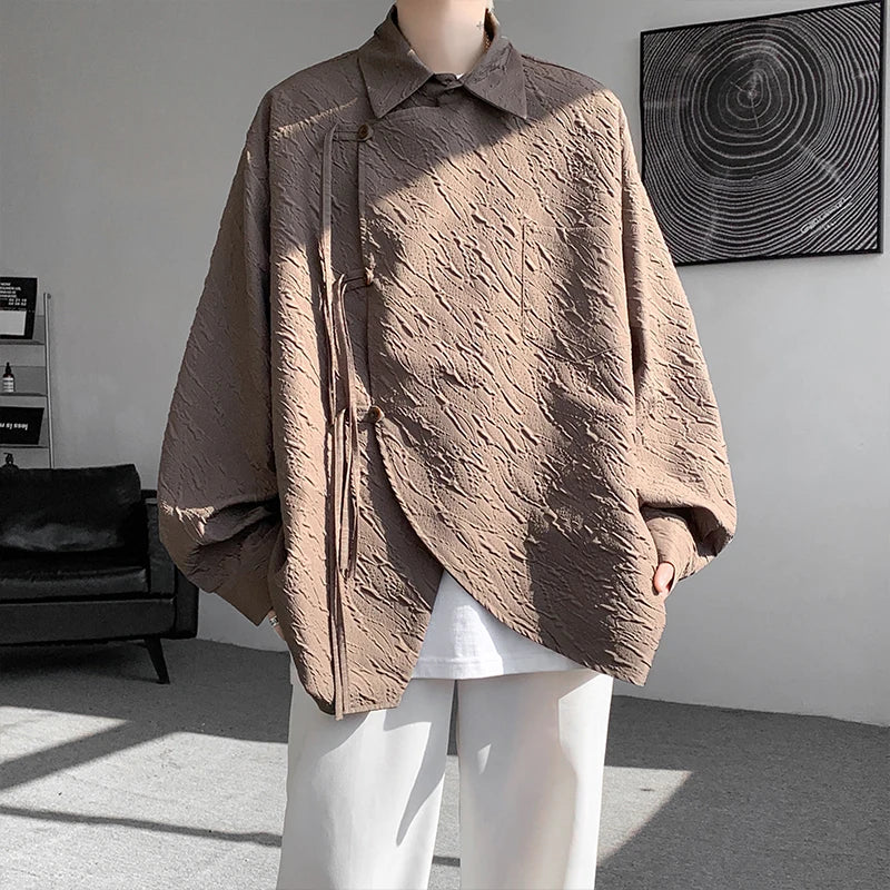 sanyamk Men's Luxury Chic Texture Shirt Vintage Casual Drapped Solid Color Button-down Long Sleeve Shirts for Men All-match Clothing