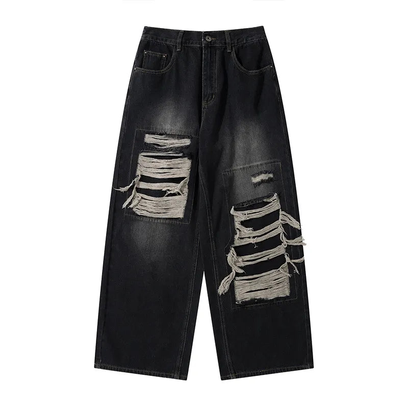 sanyamk American High end Perforated Denim Pants for Men's Design Sense Small and Loose Wide Leg Straight Leg Pants hiphop