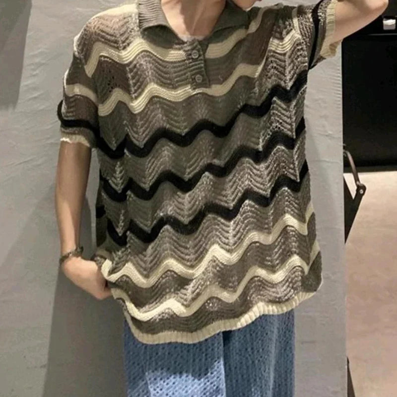 sanyamk - Leisure Hollow Out Knitted T Shirt Men Casual Lapel Button Short Sleeve Knit Tops Mens Summer Fashion Striped Knitting T-shirts