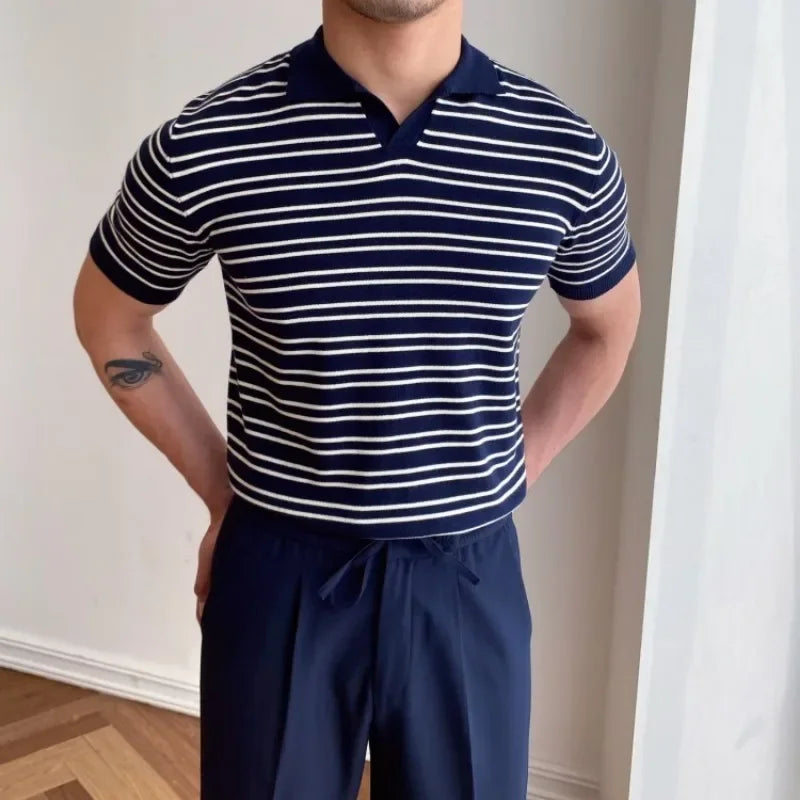 sanyamk - Mature Men Clothing Summer New V-neck Striped Knitted T-shirts for Men Short Sleeve Trend Simple Fashion Lapel Polo Shirts