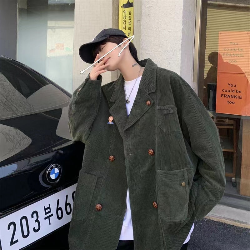 sanyamk Winter Men's Dark Brown Vintage Suit Jacket Handsome Male Retro Outerwear Corduroy Fabric Fashion Trend Coats Size S-4XL