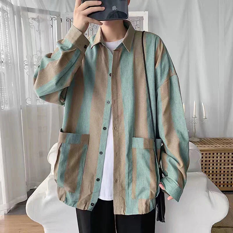 Bonsir Green White Vertical Striped Long Sleeve Shirt Men Oversized Blouses Spring Fall Fashion Japan Vintage Hit Color Cardigan