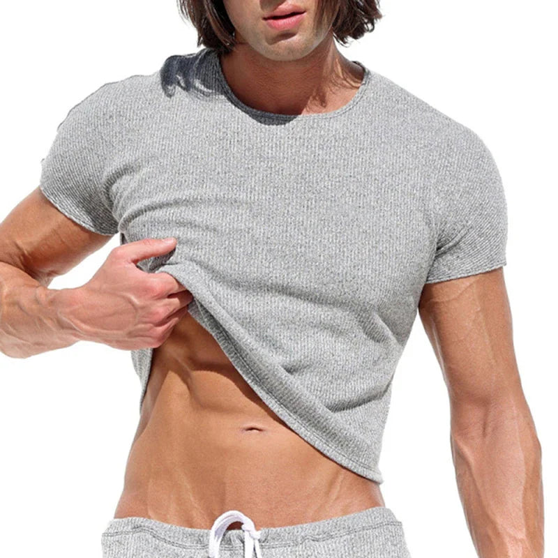 sanyamk - Summer Casual Solid Color Slim Crop Tops Men Short-sleeve O Neck Short T-shirts Sexy Mens Beach Clothes Fashion Ribbed Man Tees