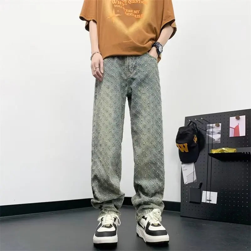 sanyamk Jacquard Pattern JEANS MEN 2024 NEW Denim Pants Male Straight Fitting Baggy Bottoms Distressed Wide Jeans For Men