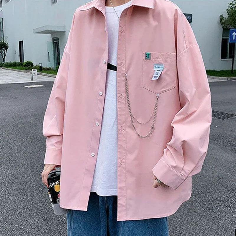Bonsir Men Korean Fashion Appliques Oversized Chain Design Streetwear Harajuku Y2K Shirts Youth Handsome Casual Solid Long Sleeve Tops