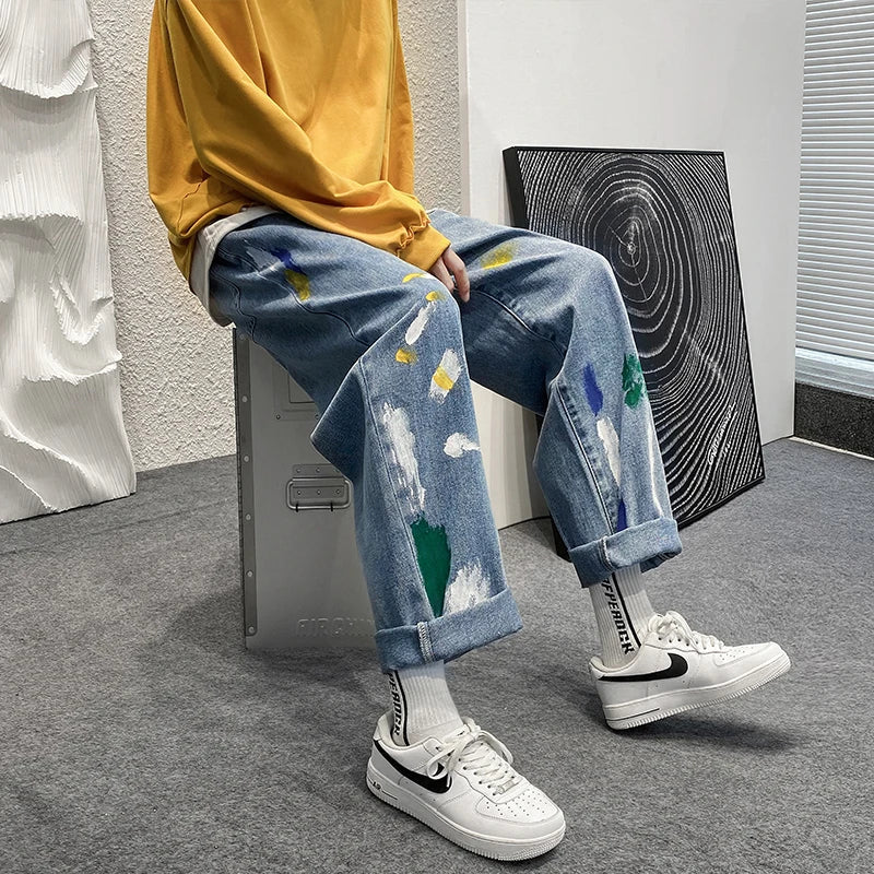 sanyamk Blue Denim Pants Men Graffiti Jeans New Straight Jean Pants Man Casual Baggy Neutral Denim Trousers Men's and Women's Pants