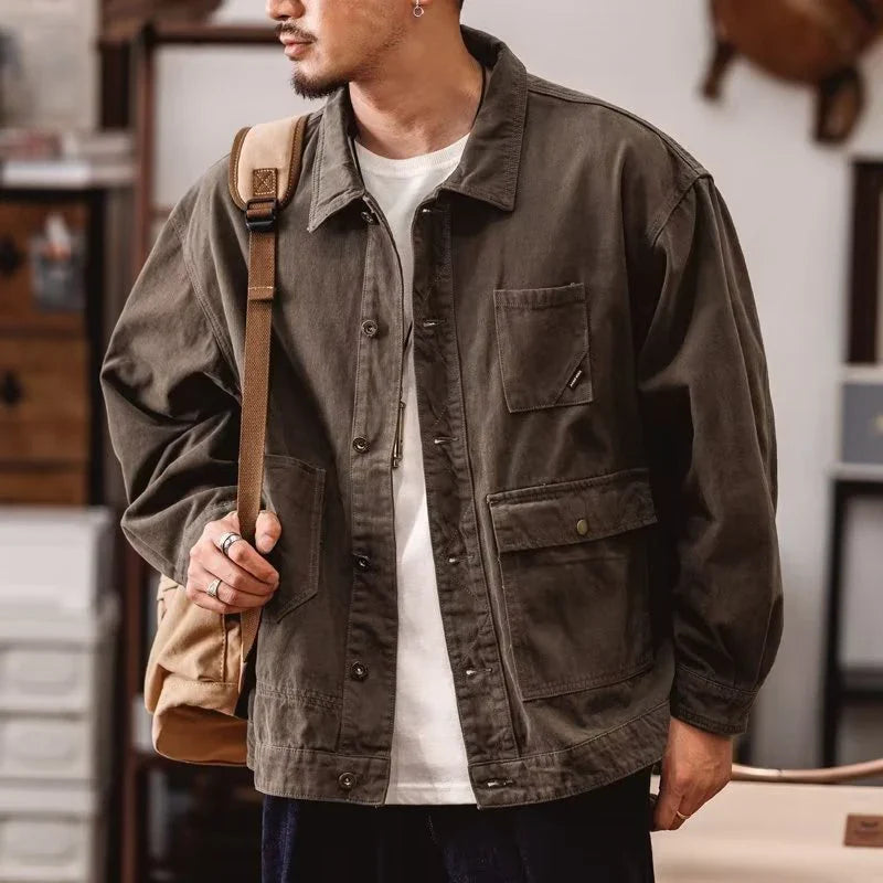 BONSIR - Vintage Patch Pockets Cargo Shirt Mens Jackets Casual Long Sleeve Button Lapel Jacket Coat Streetwear Men Clothes Outerwear Fall