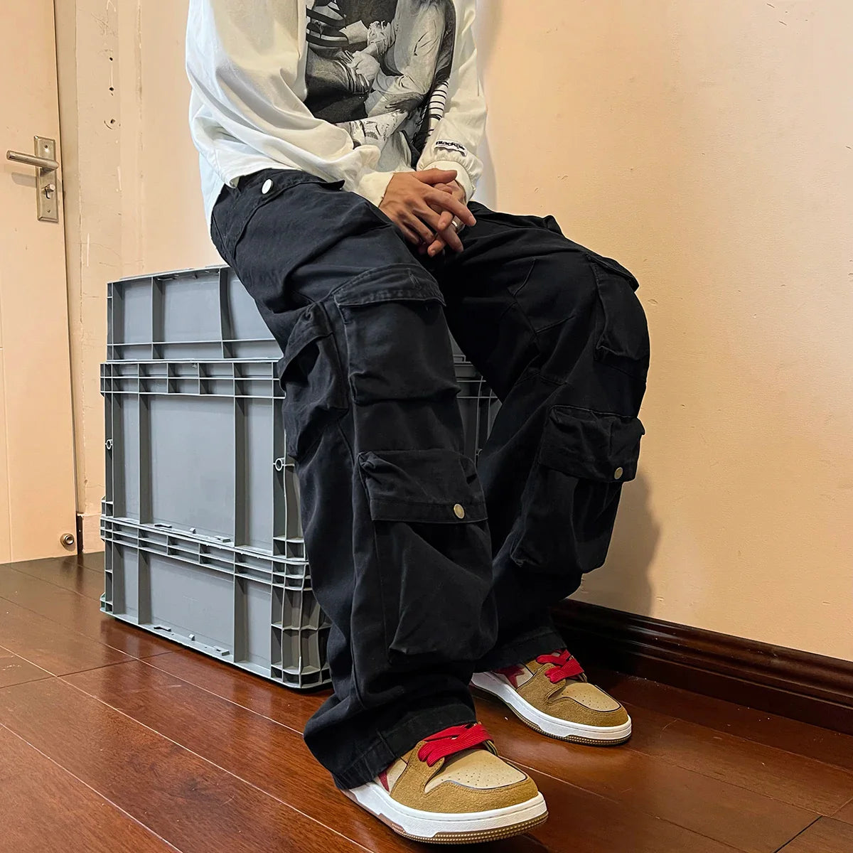sanyamk Multi-pockets Cargo Pants Harajuku Streetwear Casual Tooling Pant Men's Hip-hop Mopping Trousers Vintage Daily Wide Leg Pants
