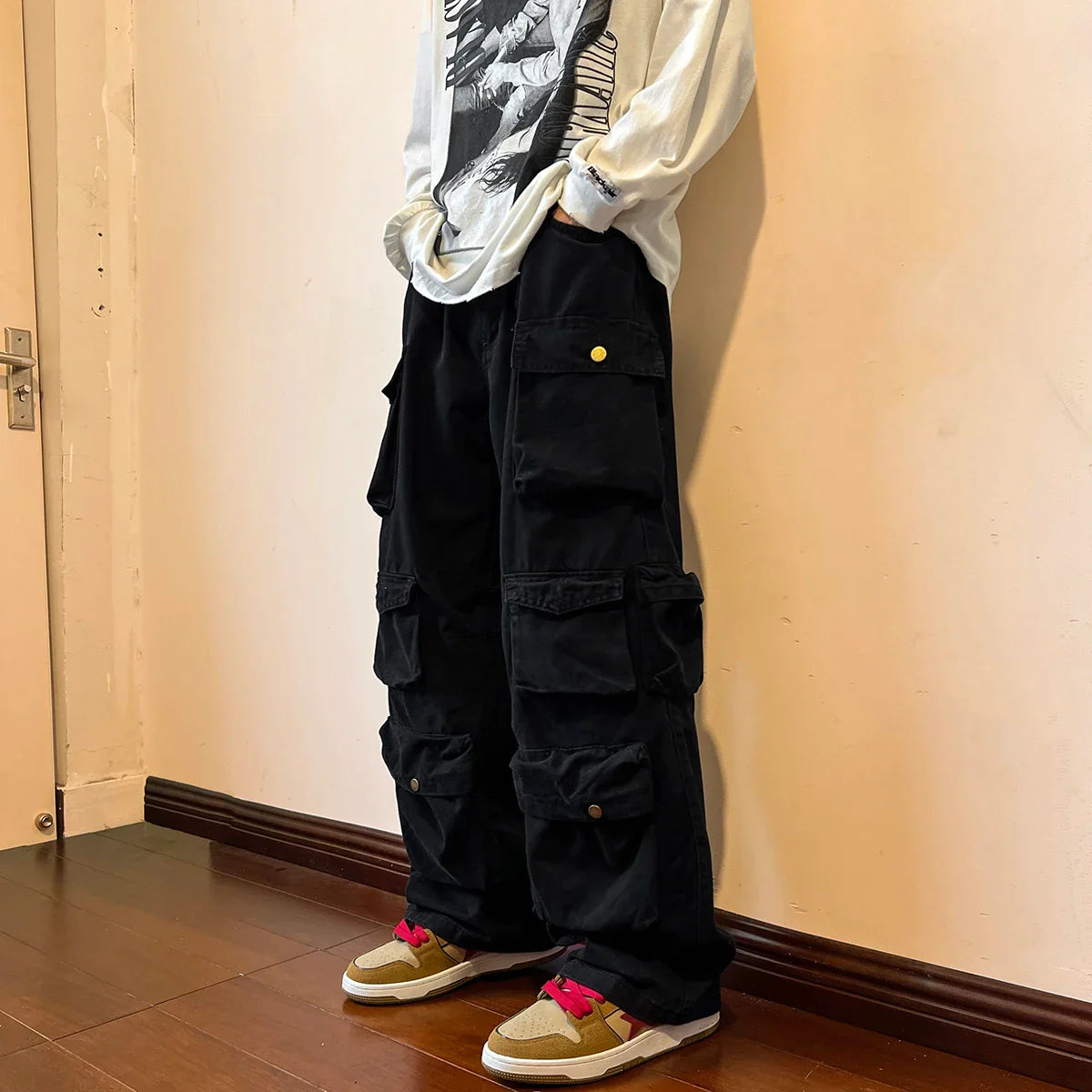 sanyamk Multi-pockets Cargo Pants Harajuku Streetwear Casual Tooling Pant Men's Hip-hop Mopping Trousers Vintage Daily Wide Leg Pants