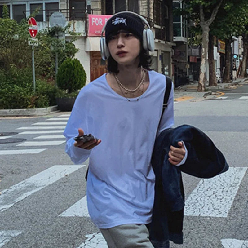sanyamk - Men's T-shirts Korean Style Casual Large Neckline Round Collar Solid Color Long Sleeve Loose Male Tees New Simple 9C7619