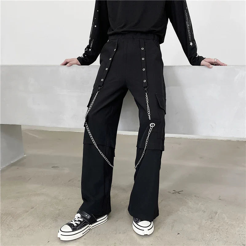 sanyamk - Men Autumn New Fashion Wide Leg Pants Both Metal Chain Decor Big Pockets Elastic Overalls Mens Loose Casual Streetwear Trousers