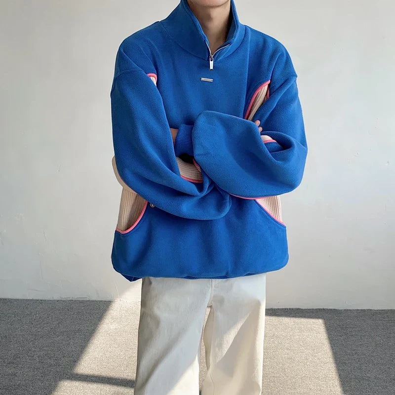 sanyamk - Men's Clothing 2024 Autumn Winter Half Turtleneck Fleece Sweatshirt Trendy Fashion Contract Color Sweatshirts Tops